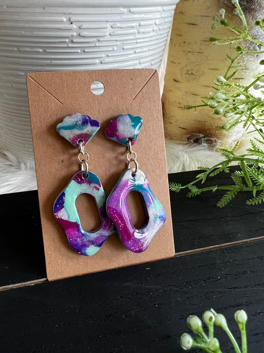 Purple/Aqua Marble Dangle Stud Earrings