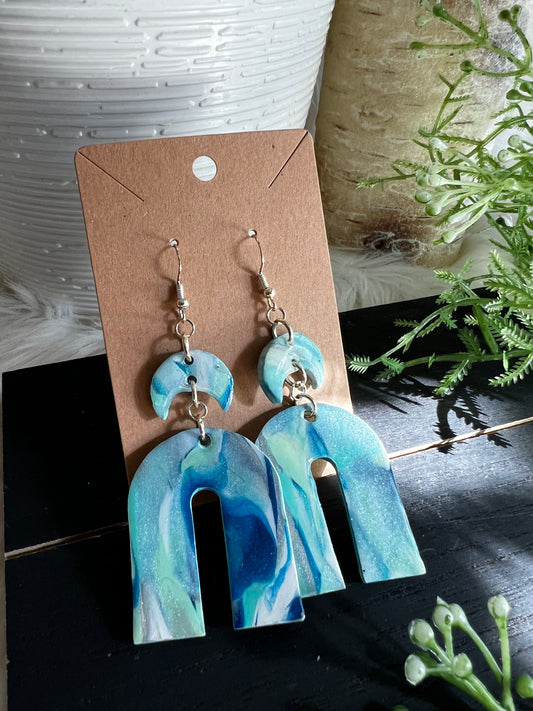 Aqua/Teal/Silver Swirl Moon Arch Dangle Hook Earrings