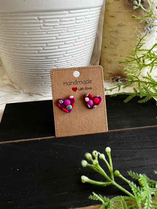 Purple Polka Dot Heart Stud Earrings