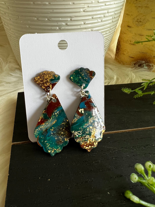 Aqua/Green/Brown Marble Dangle Stud Earrings