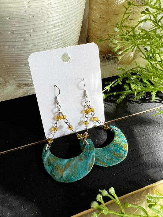 Aqua/Bronze Swirl Moon Beaded Dangle Hook Earrings