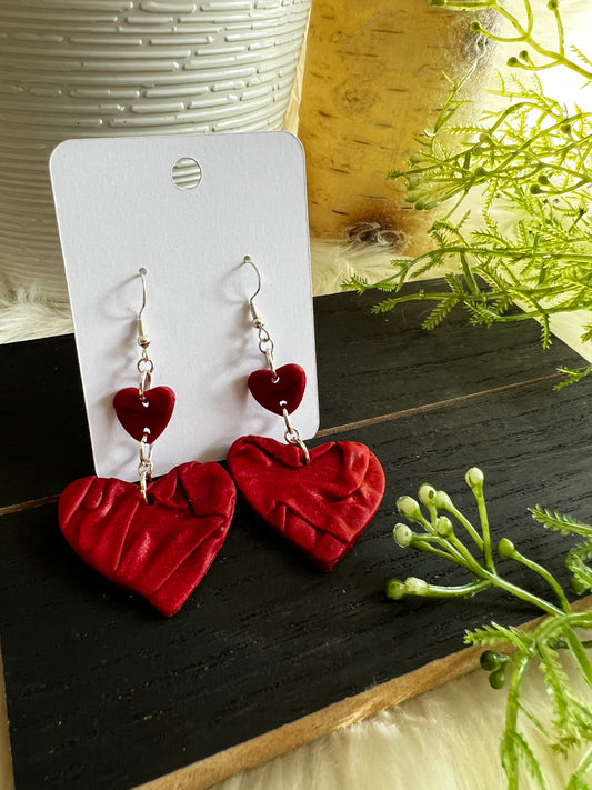 Red Glitter Scrunch Heart Dangle Hook Earrings