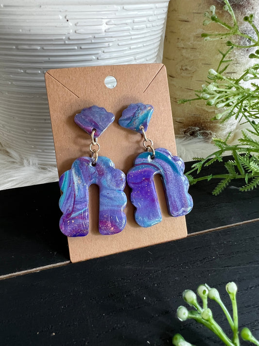 Purple/Aqua Marble Dangle Bubble Arch Stud Earrings