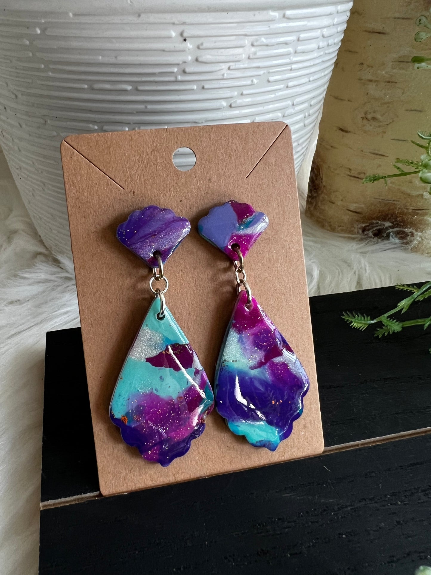 Purple/Aqua Marble Dangle Stud Earrings