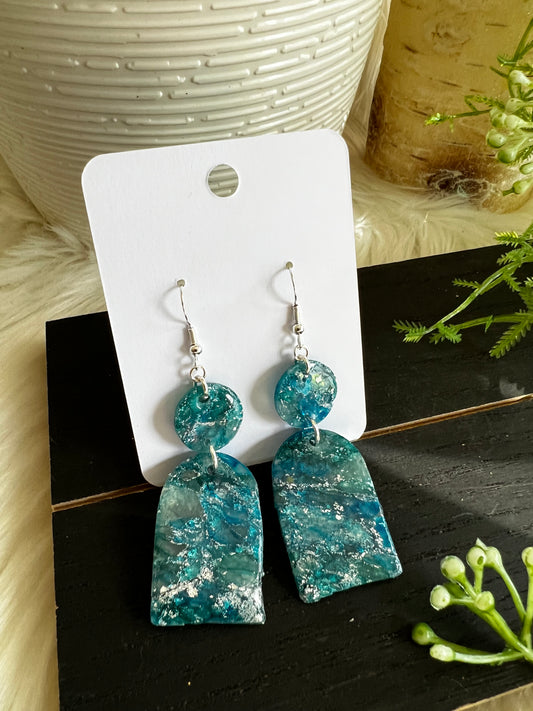 Aqua/Teal/Silver Swirl Dangle Hook Earrings