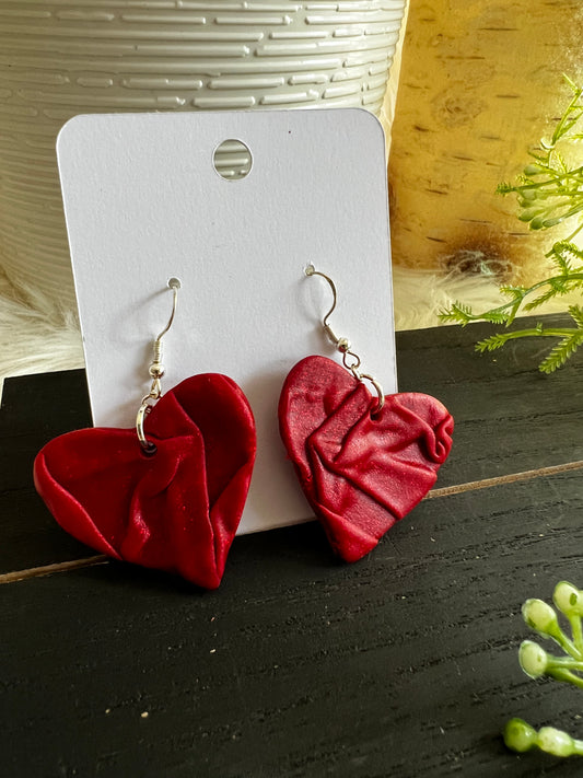 Red Glitter Scrunch Heart Hook Earrings