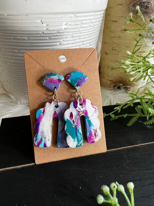 Purple/Aqua Marble Dangle Bubble Arch Stud Earrings