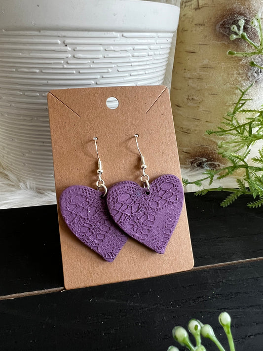 Purple Lace Heart Hook Earrings