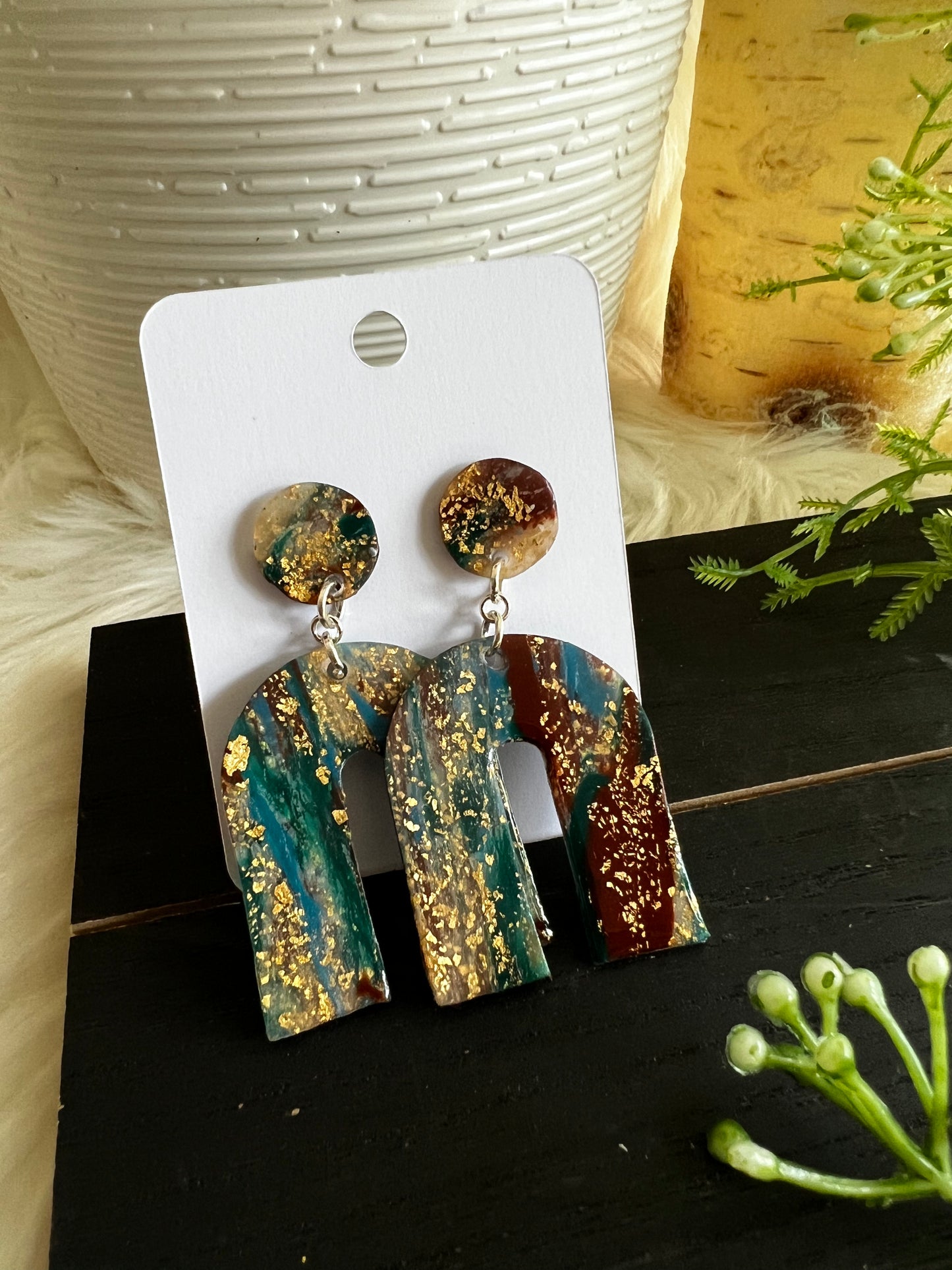 Aqua/Green/Brown Marble Arch Dangle Stud Earrings