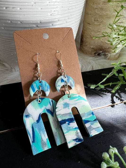 Aqua/Teal/Silver Swirl Arch Dangle Hook Earrings