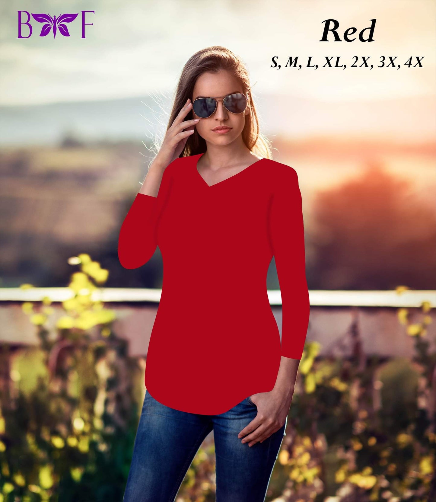 Red v neck and a rounded bottom